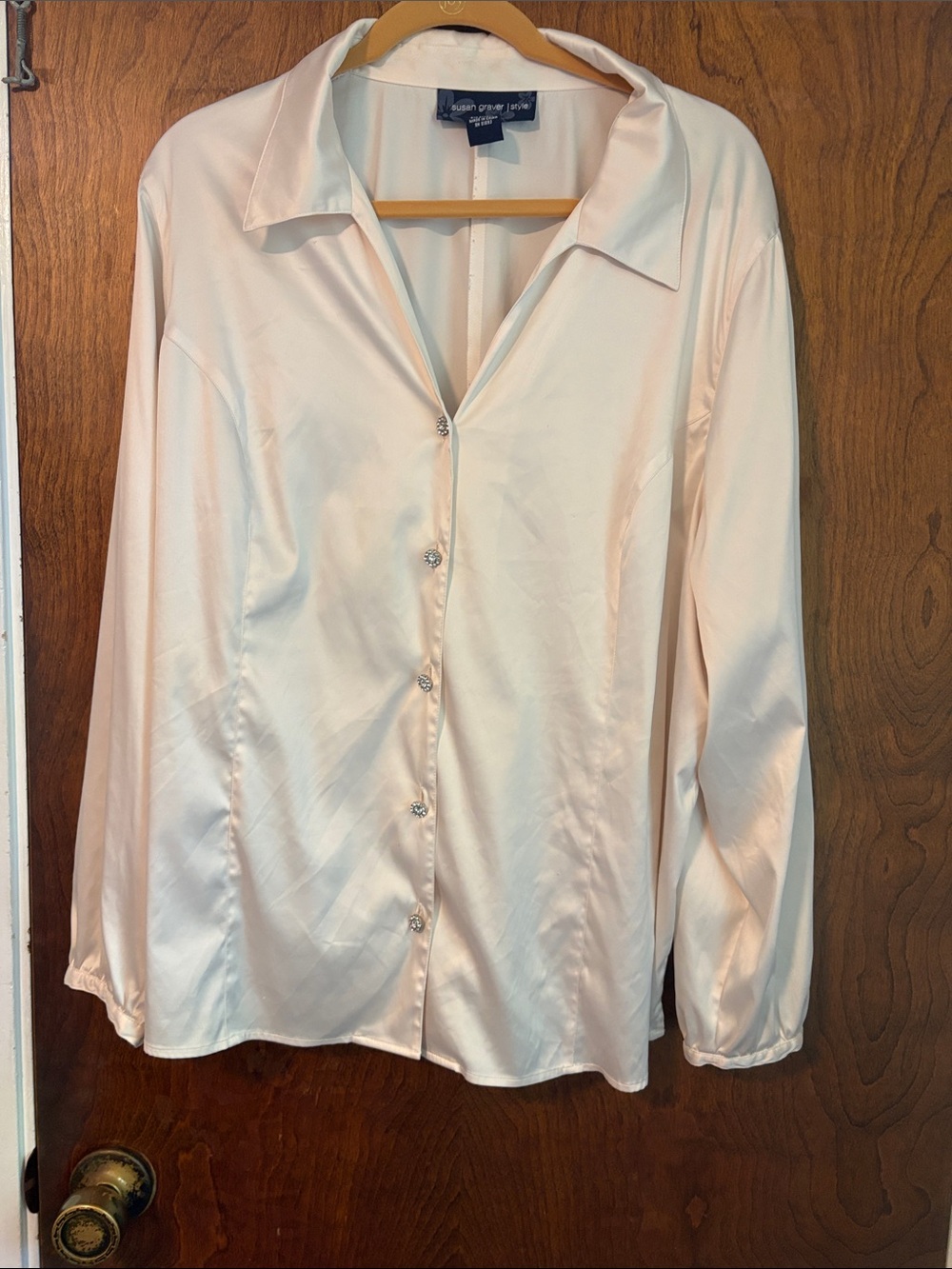Susan Graver Soft Cream Satin Button-Down Blouse